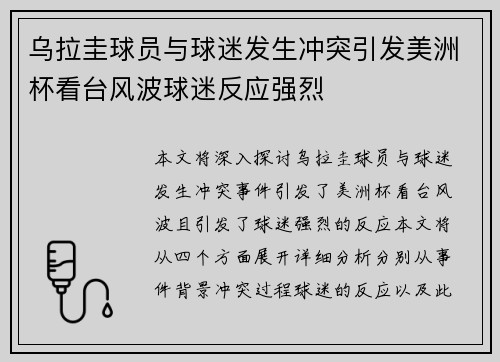 乌拉圭球员与球迷发生冲突引发美洲杯看台风波球迷反应强烈