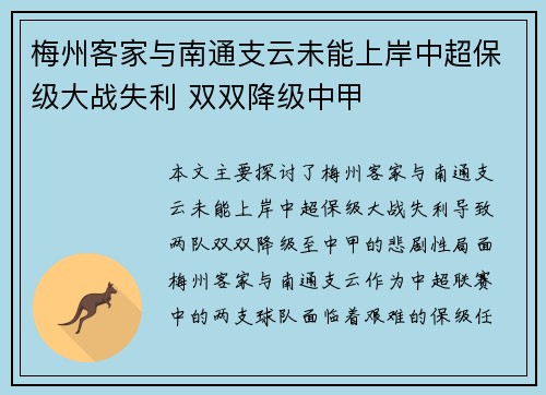 梅州客家与南通支云未能上岸中超保级大战失利 双双降级中甲 梅州客家与南通支云未能上岸中超保级大战失利 双双降级中甲